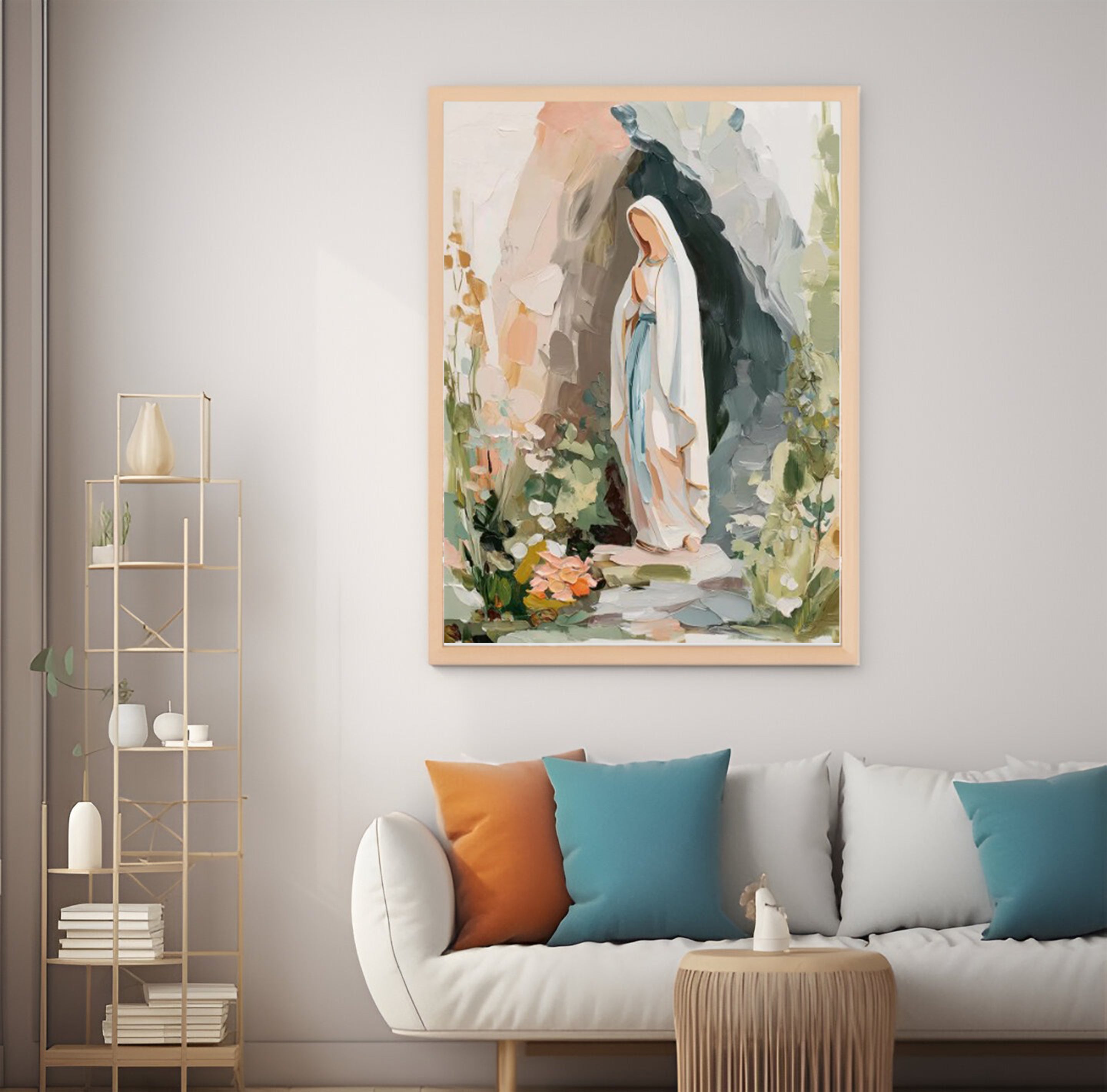 Our Lady of Lourdes Art Print, Virgin Mary Painting, Catholic Wall Art, Modern Christian Decor, Blessed Mother Gift for Her, Neutral Artwork